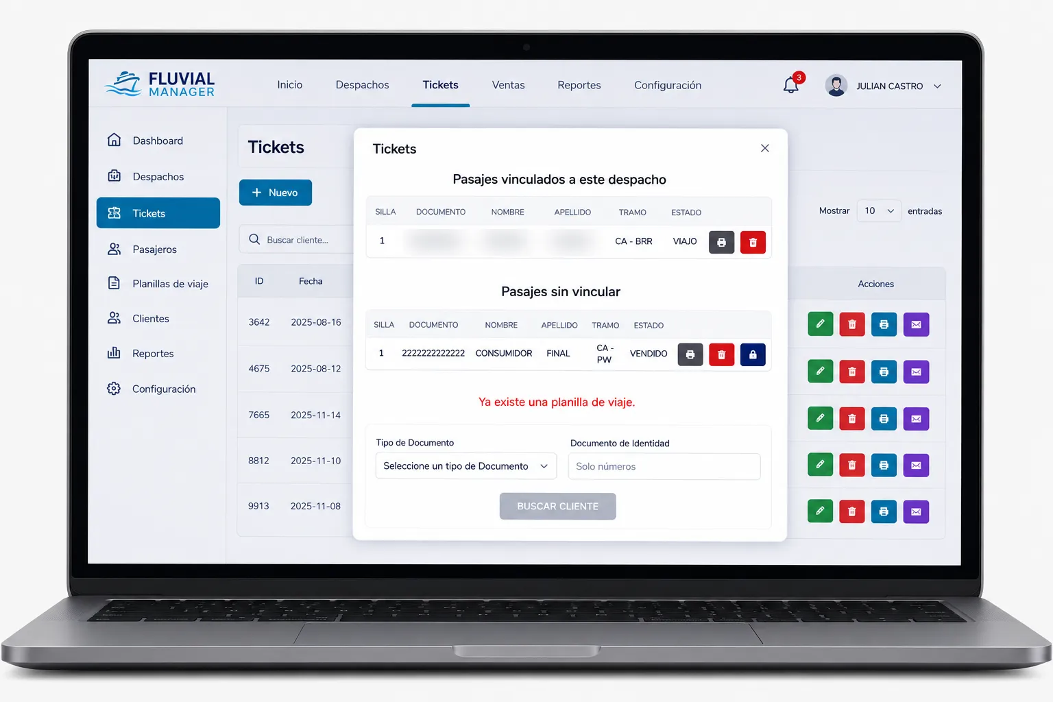 Módulo de Tickets de Fluvial Manager: listado de despachos y el detalle de los pasajes vinculados a un despacho, con la búsqueda de cliente por documento.