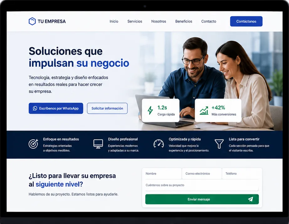 Maqueta de una landing page corporativa: titular, botones de contacto, franja de beneficios y formulario de mensaje al cierre.